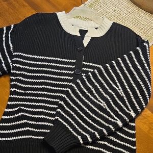 Black and White Striped Cardigan Sweater